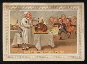 プラムプディングを切り分けるシェフ、クリスマスのグリーティングカード。(chromolitho) 作： English School