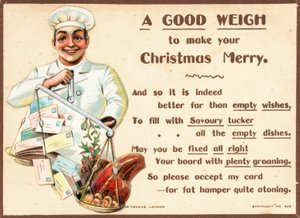 シェフの文字と食品の秤、クリスマスカードの重量を量る 作： English School