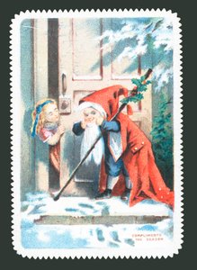 ドア、クリスマスカードをノックしてサンタに扮した子 作： English School