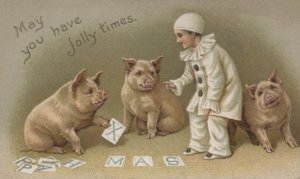 ピエロの衣装を着た子供と3匹の豚、クリスマスカード（クロモリ写真 作： English School