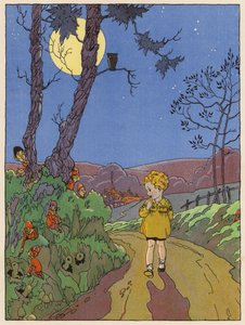 ウサギや妖精などの生き物を見て夜歩く子供（カラーリトグラフ） 作： English School