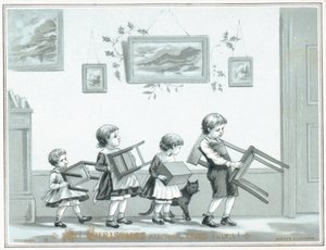 椅子とスツール、クリスマスカードを運ぶ子供たち 作： English School