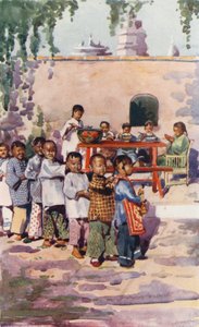 中国の子供たち：食事と遊びの子供たち（カラーリトグラフ） 作： English School