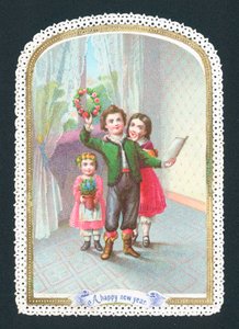 花輪と花を持つ子供、年賀状 作： English School