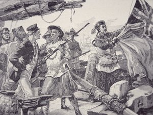 中国人がイギリス船「アロー号」に乗り込み、イギリス国旗を破り、乗組員を捕虜にする（アヘン戦争中、10月8日 作： English School