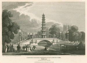 1814年8月1日に登場した中国の塔と橋、ロンドンのセントジェームスパーク 作： English School