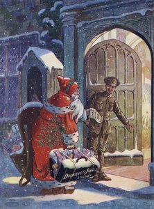 第一次世界大戦の兵士のためにサンタクロースがプレゼントを持ってくるクリスマス広告（カラーリトグラフ 作： English School