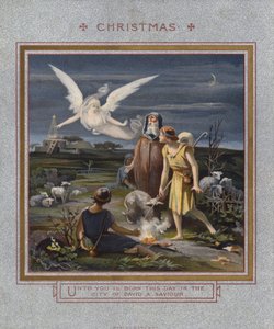 クリスマスカード：夜、羊の群れを世話しながらイエスの誕生を知らせる羊飼いたち（クロモリト） 作： English School