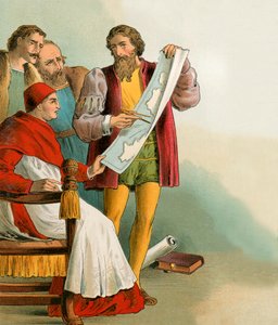 彼を裏切ったポルトガル人に彼の計画を示すクリストファー・コロンブス 作： English School