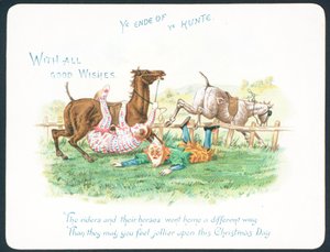 狩猟中に馬から落ちるピエロ、クリスマスカード 作： English School