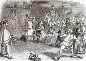 コック・スローイング、別名コック・シャイ、コックに投げる、オールド・イングランドより：A Pictorial Museum, pub.1847 作： English School