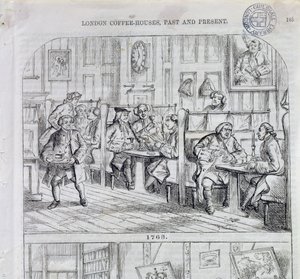 1763年のコーヒールーム、ロンドンコーヒーハウスの過去と現在（カラー彫刻）