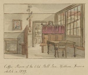 1899年にスケッチされたロンドンのホルボーンにあるオールドベルインのコーヒールーム（紙にトイレ） 作： English School