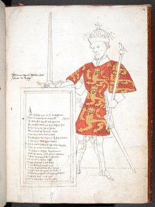 鎧とタバード姿の英国王（ジョン王）が、詩の書かれた楯を贈呈している様子を描いた彩色画。未完成。 作： English School