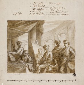 画家の会社、c.1719（ブラシと茶色のウォッシュ、グラファイトの上、象牙の簀の紙） 作： English School