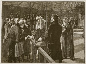 国会議事堂間の会議、1835年、イングランドのカッセルズイラストレイテッドヒストリーからのイラスト（セピア写真） 作： English School