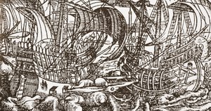 海上の軍艦の現代的な木版画