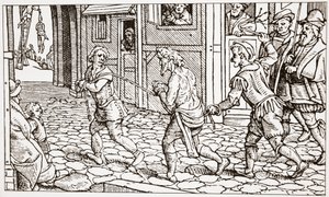 町の通りを駆け巡る放浪者を示す現代の木版画 作： English School