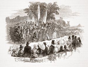 ロイヤルデンビーEisteddfodでの金のハープのためのコンテスト、1828年のHRHサス公公爵の前（鋼の彫刻） 作： English School