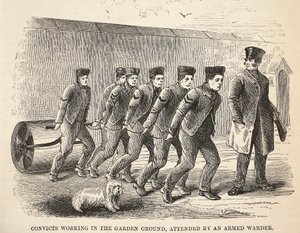 武装したウォーダー、ロンドンの刑務所刑務所のイラスト、ヘンリーメイヒューとパブのジョンビニーによる刑務所の生活のシーンが参加したガーデングラウンドで働いている囚人。 1862 作： English School
