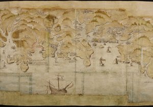 コットン アウグストゥス 1 世 38 プリマスを含むフォーウェイとサルコムの間の海岸の地図。 ランズエンドからエクスマウスまでの海岸のパノラマ地図の一部、1539年頃（ベラムにインクとカラー） 作： English School