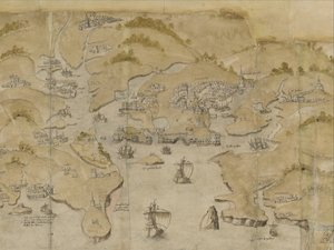 コットン アウグストゥス 1 世 38 プリマスを含むフォーウェイとサルコムの間の海岸の地図。 ランズエンドからエクスマウスまでの海岸のパノラマ地図の一部、1539年頃（ベラムにインクとカラー） 作： English School