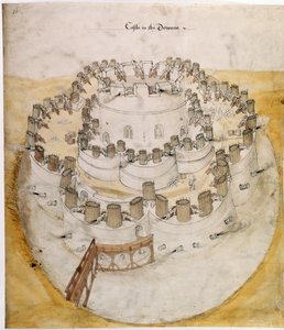 コットン アウグストゥス 1 世 f.20 「ダウンズ城」の鳥瞰図。 おそらくDeal Castleの初期のデザイン 作： English School