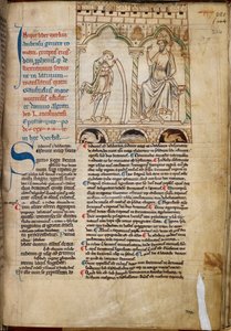 コットンクラウディウスB. VII、f.224ヴォーティガン王の前で予言する少年マーリン、「マーリンの予言」のイラスト、モンマスのジェフリー作、1250年頃（ベラム） 作： English School