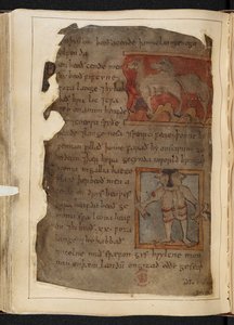 コットン MS Vitellius A XV f.101v、Beowulf、「Nowell Codex」から (羊皮紙にインク) 作： English School