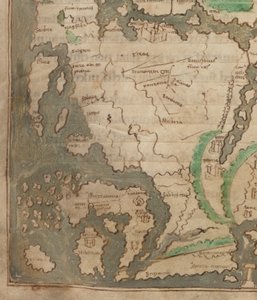 Cotton Tiberius B.V、パート 1、f.56v The Tiberius Map、Mappa Mundi、西ヨーロッパとイギリス諸島の詳細 (ベラム) 作： English School
