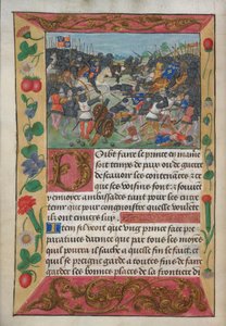Cotton Vespasian A xvii、f.13v、白い馬に乗ったイングランドの王、逃げるフランスの王を追いかける、Robert de Balsac の「王子の指導のための戦争に関するマニュアル」、1490 年代 (ベラム) より 作： English School