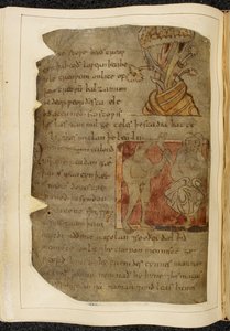 Cotton Vitellius A. XV f.103v、バルサムが育つ木。 左側に人間の脚と足を持っている獣頭の男、ドネストル、右側に人物、「ノウェル写本」（羊皮紙のインク）からのベオウルフのイラスト 作： English School