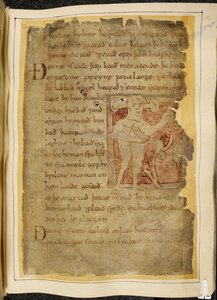Cotton Vitellius A. XV f.104r、パノティ、つまり、茎に突き出た耳を持ち、弓のように見える物体を持っている男性、ベオウルフのイラスト、「ノーウェルコーデックス」（羊皮紙のインク）から 作： English School