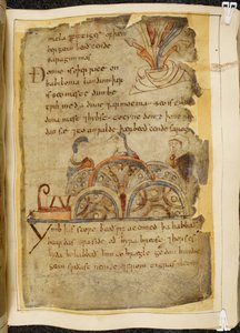 Cotton Vitellius A. XV f.105、黄金のつるの木。 最高の真珠が見つかる紅海を支配する親切な国を表す 3 人が話している、ベオウルフのイラスト、「ノウェル写本」（羊皮紙のインク）より 作： English School