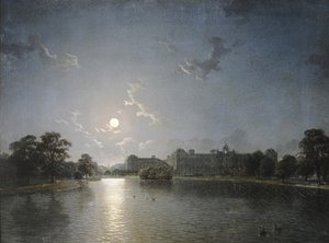 月明かりに照らされた湖の向こうのカントリーハウス 1850年頃（油彩・キャンバス 作： English School