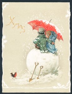 巨大な雪玉、クリスマスカードの上に座ってカップル 作： English School