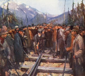 カナダ太平洋鉄道の最後のスパイクを打つクレイゲラキー（カラーリトグラフ） 作： English School