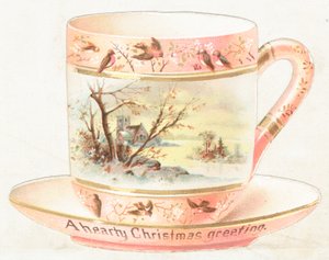 雪のシーン、クリスマスカードとカップとソーサー