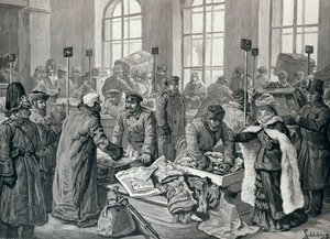 1887年1月29日の &39;The Illustrated London News&39;のロシアフロンティアにあるヴィルバレンでのドイツからの乗客の荷物を調べる税関職員 作： English School