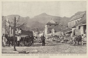 1892年のモーリシャス・サイクロンによるポートルイスのレンパート通りの被害（リトグラフ 作： English School