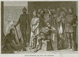 デイビッドがサウルとジョナサンを悼む、チャイルズバイブルの挿絵、1880年頃 作： English School