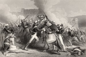 1858年に発行された「インディアン反乱の歴史」からの1858年4月15日、ルードモウ砦への攻撃における准将エイドリアンホープの死 作： English School