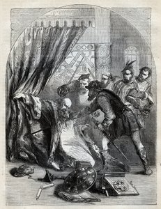 1546年5月29日、ビートン枢機卿の死 - スコットランドの宗教改革の際に殺害されたセント・アンドリュース大司教、デビッド・ビートン枢機卿（c1494-1546） - Cassell Petter & Galpin, London (1890)の "History of England "に掲載された彫刻。 作： English School