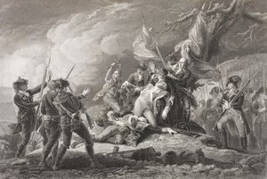 1775年に出版された「歴史的肖像画のギャラリー」からの1775年のケベックの戦いでのモンゴメリー将軍の死 作： English School