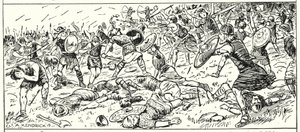 AD500年、サマセット州マウント・ブドンでの西サクソン人の敗北（リトグラフ 作： English School