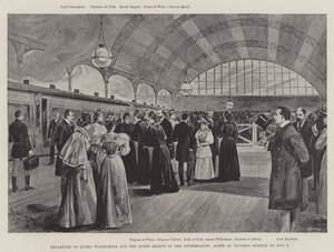 ヴィルヘルミナ王妃とオランダ王妃摂政の出発、5月9日ヴィクトリア駅での光景（リトグラフ 作： English School