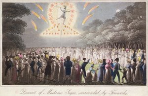 花火に囲まれたマダム・サキの降下、トーマス・ケリー（fl.1820-55）の出版物、ロンドン 作： English School