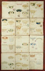 ダニエルファクトリー、スタフォードシャー、c.1845で生産された茶碗のデザイン（ガッシュ、トイレ、紙にインク） 作： English School