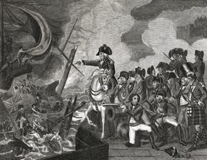 1816年にH.Cookによって刻まれた、ジブラルタル前の砲艦の破壊 作： English School