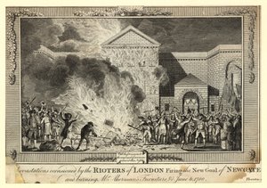 1780年6月6日、ロンドンの暴徒がニューゲートの新刑務所を発砲し、アーケルマンス氏の家具を燃やしたことによる荒廃 作： English School